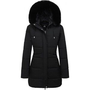 Women's Black Winter Puffer Coat Thicken Fleece Lined Down Jacket Waterproof